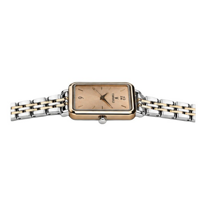 Labdhi Watches & Premium Time Gold square watch with a champagne dial and two-tone silver and gold metal bracelet.