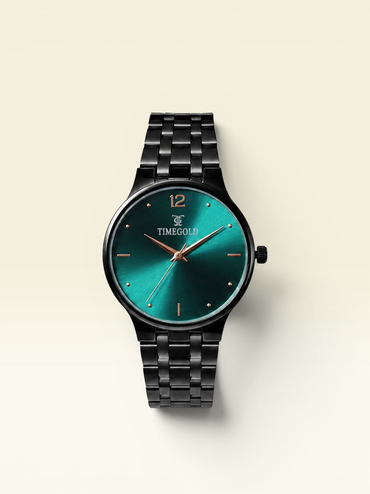 Labdhi Watches & Premium Time Gold watch with a green sunburst dial, black stainless steel bracelet, and gold accents.