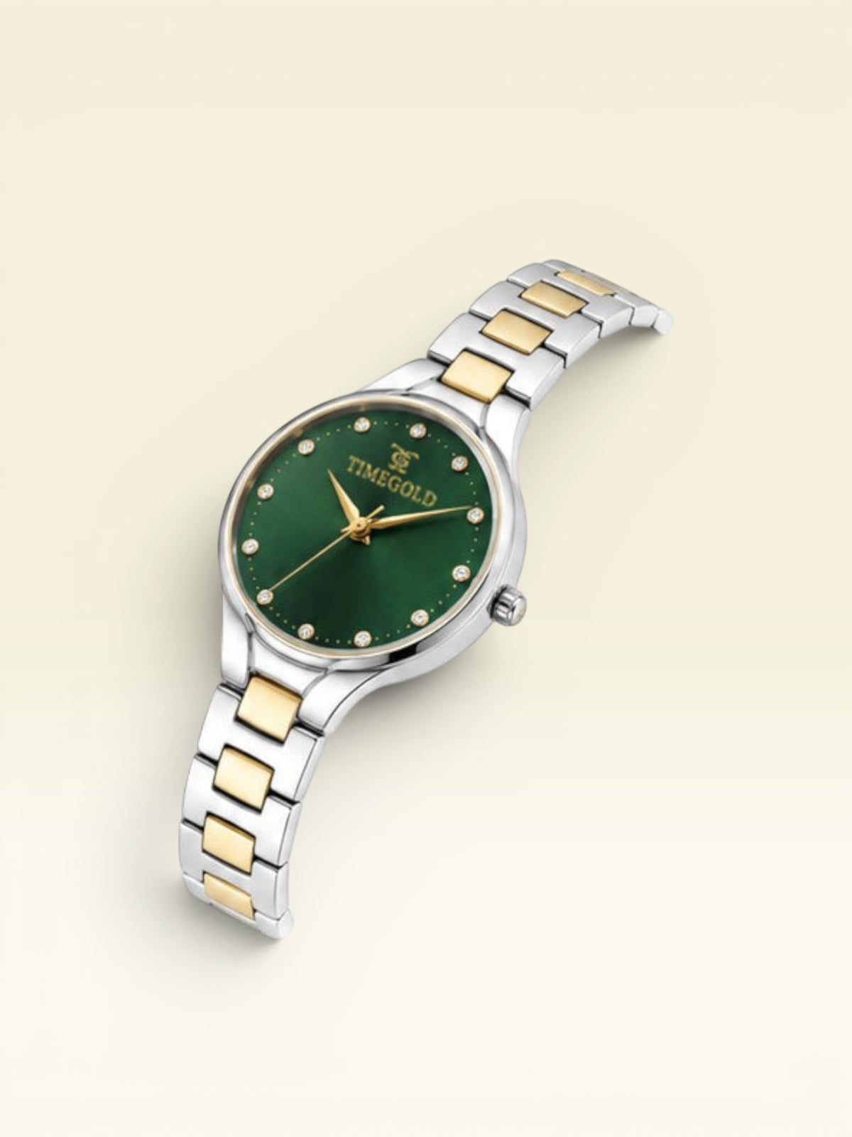 Labdhi Watches & Premium Time Gold Aurelia Grace women's watch with a green sunray dial and two-tone gold bracelet.