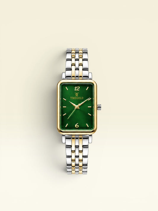 Labdhi Watches & Premium Time Gold square watch with a green dial and two-tone gold and silver stainless steel band