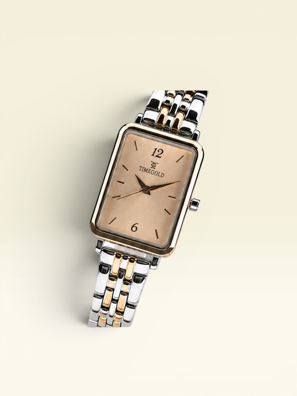 Labdhi Watches & Premium Time Gold square watch with a champagne dial and two-tone silver and gold metal bracelet.