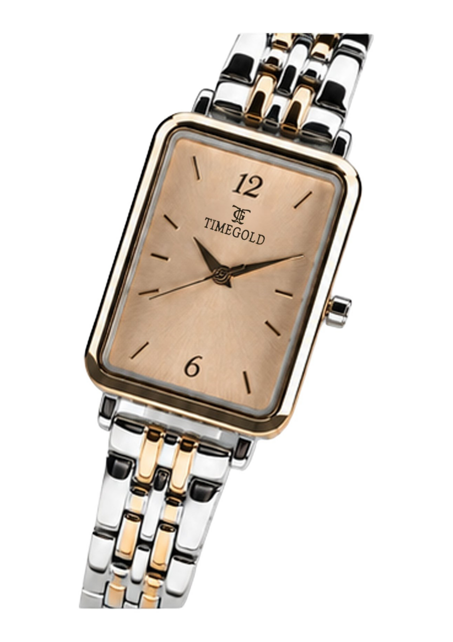 Labdhi Watches & Premium Time Gold square watch with a champagne dial and two-tone silver and gold metal bracelet.