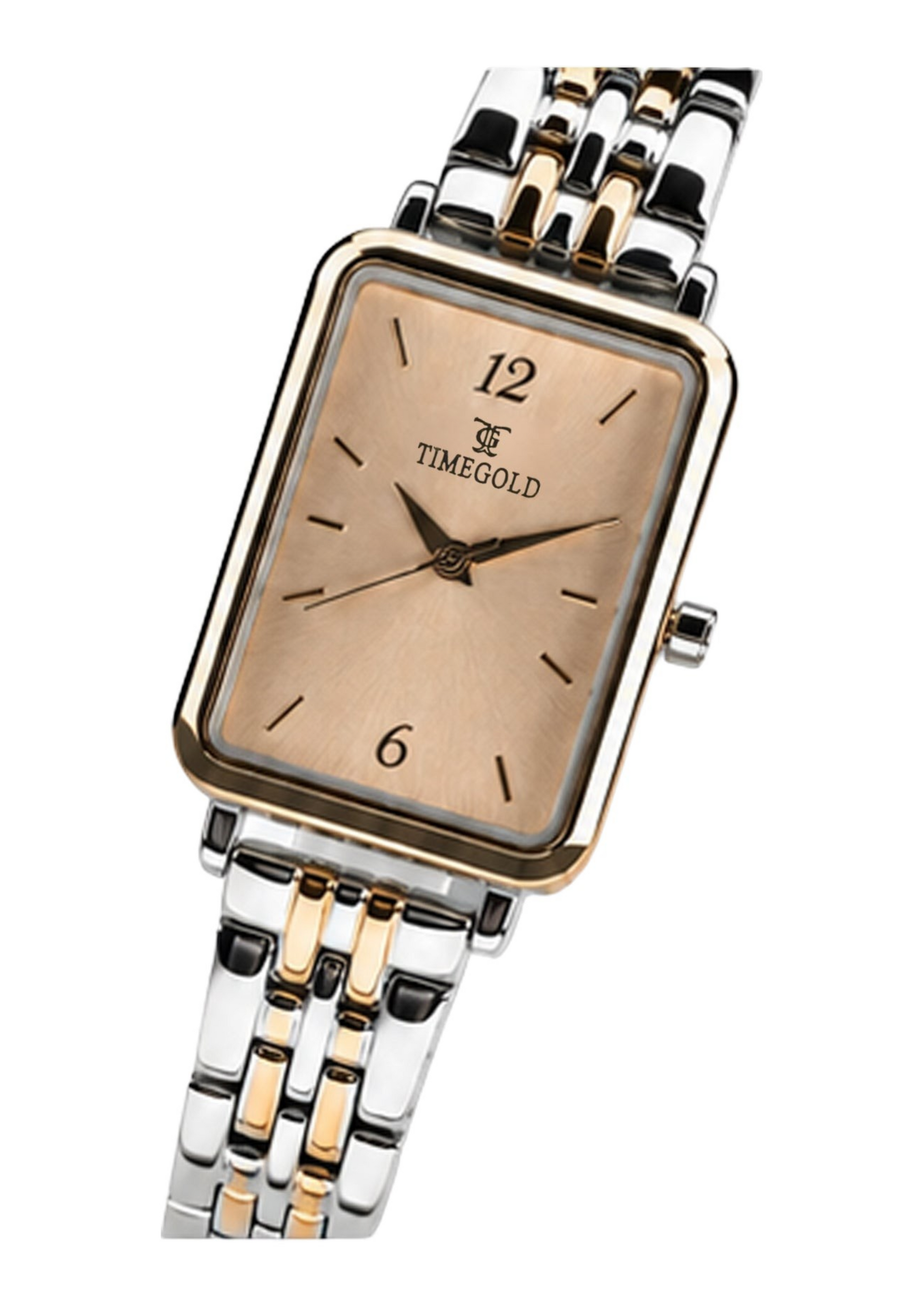 Labdhi Watches & Premium Time Gold square watch with a champagne dial and two-tone silver and gold metal bracelet.