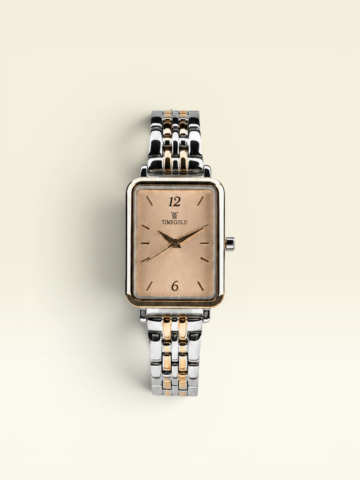 Labdhi Watches & Premium Time Gold square watch with a champagne dial and two-tone silver and gold link bracelet.