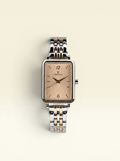 Labdhi Watches & Premium Time Gold square watch with a champagne dial and two-tone silver and gold link bracelet.