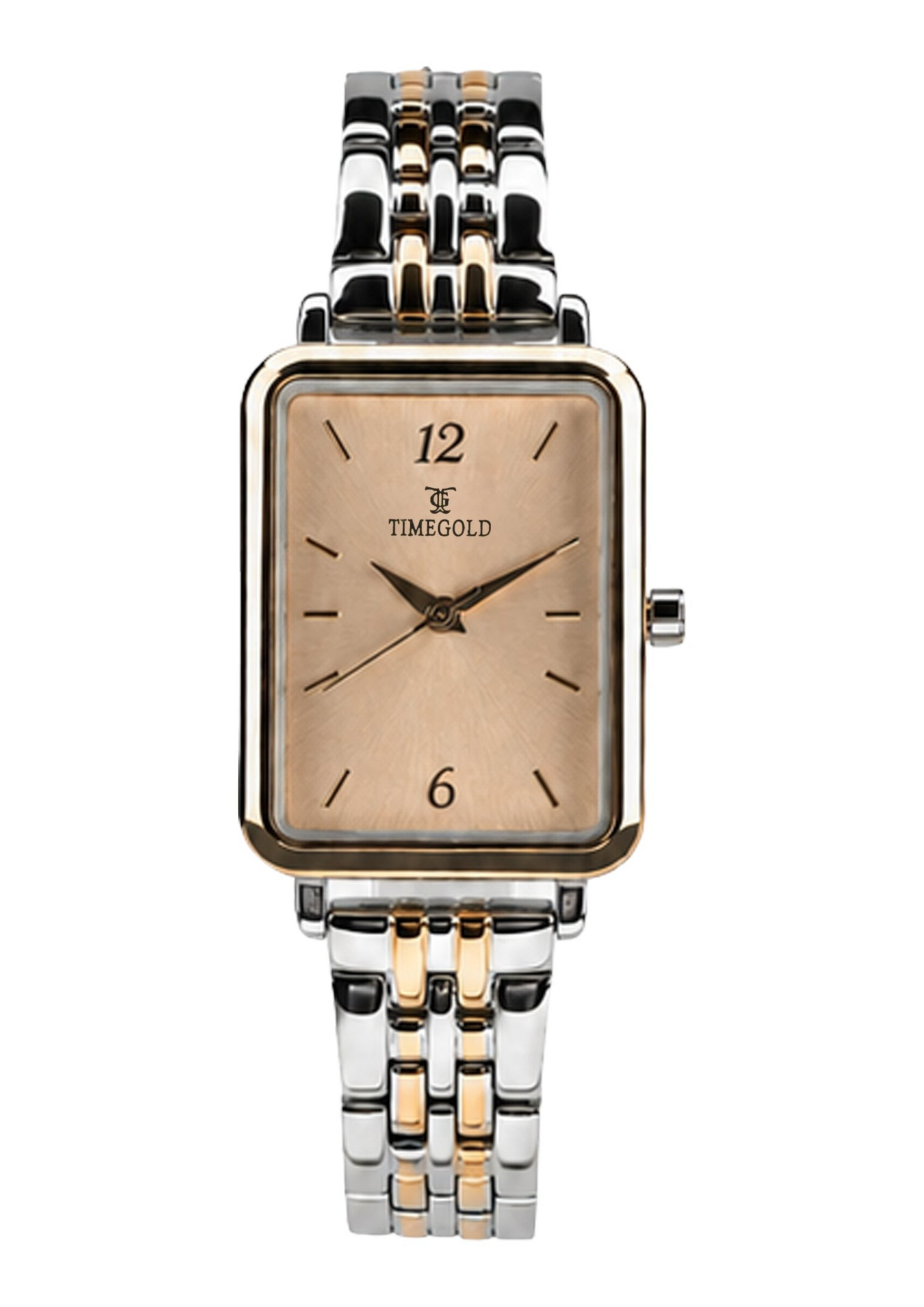 Labdhi Watches & Premium Time Gold square watch with a champagne dial and two-tone silver and gold link bracelet.