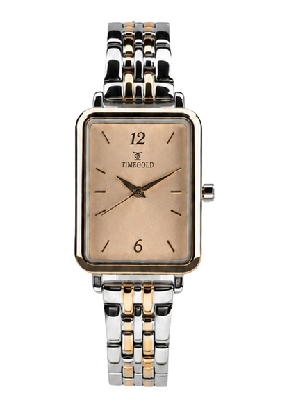 Labdhi Watches & Premium Time Gold square watch with a champagne dial and two-tone silver and gold link bracelet.