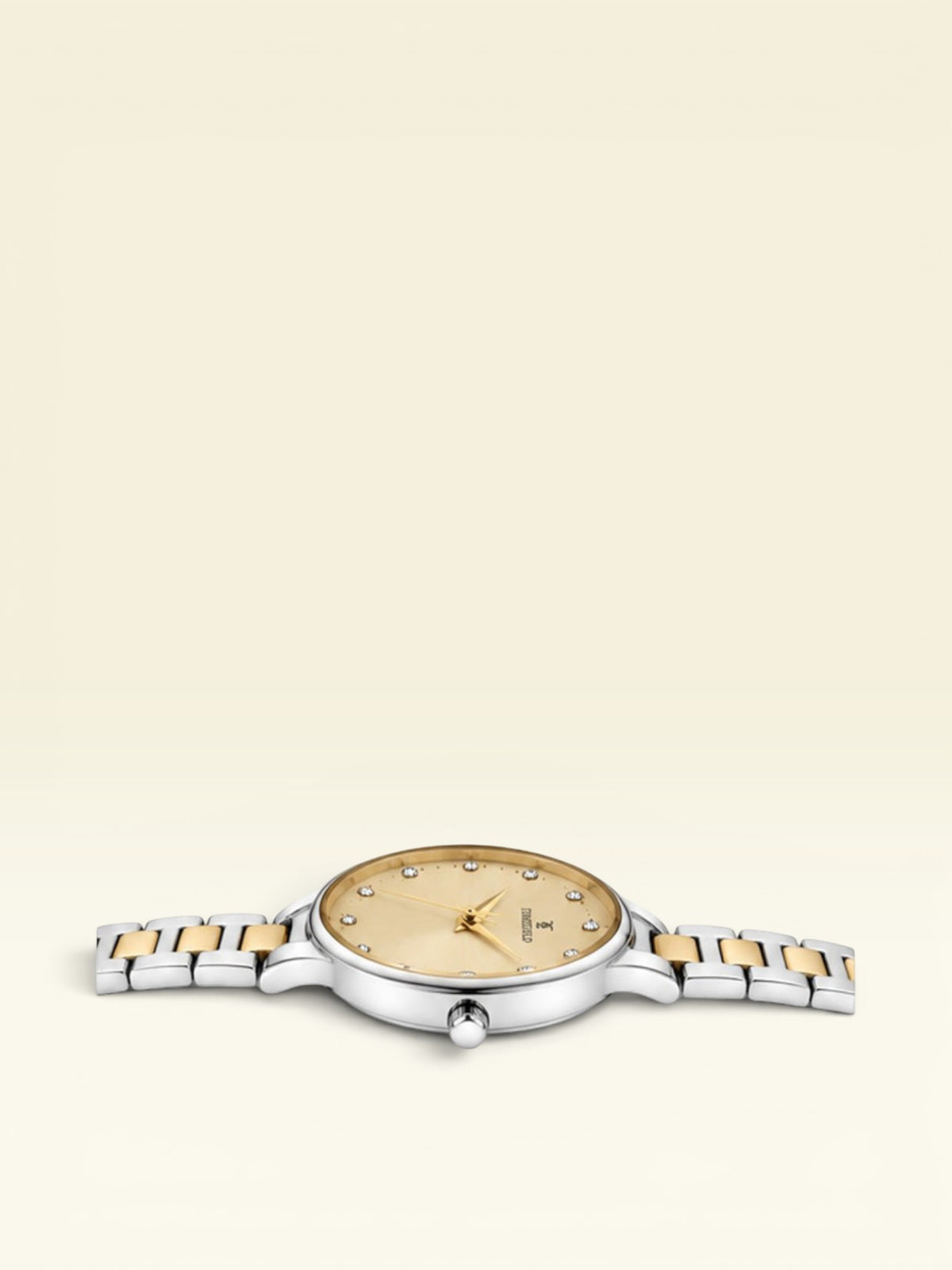 Labdhi Watches & Premium Time Gold Aurelia Grace watch with a gold sunray dial, crystal markers, and two-tone bracelet.