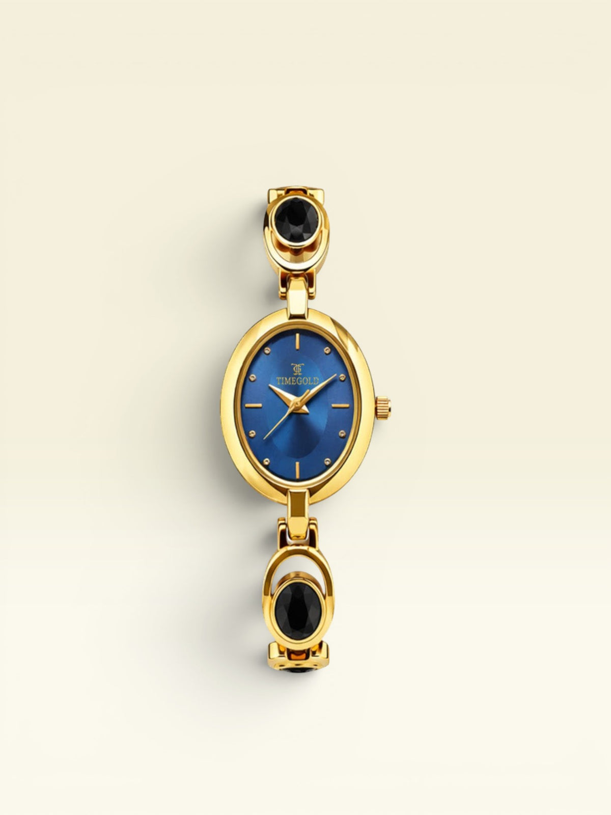 Labdhi Watches & Premium TimeGold TG-13-01 women's watch with a blue oval dial and gold-tone bracelet with black gems.