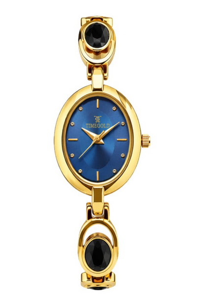 Labdhi Watches & Premium TimeGold TG-13-01 women's watch with a blue oval dial and gold-tone bracelet with black gems.