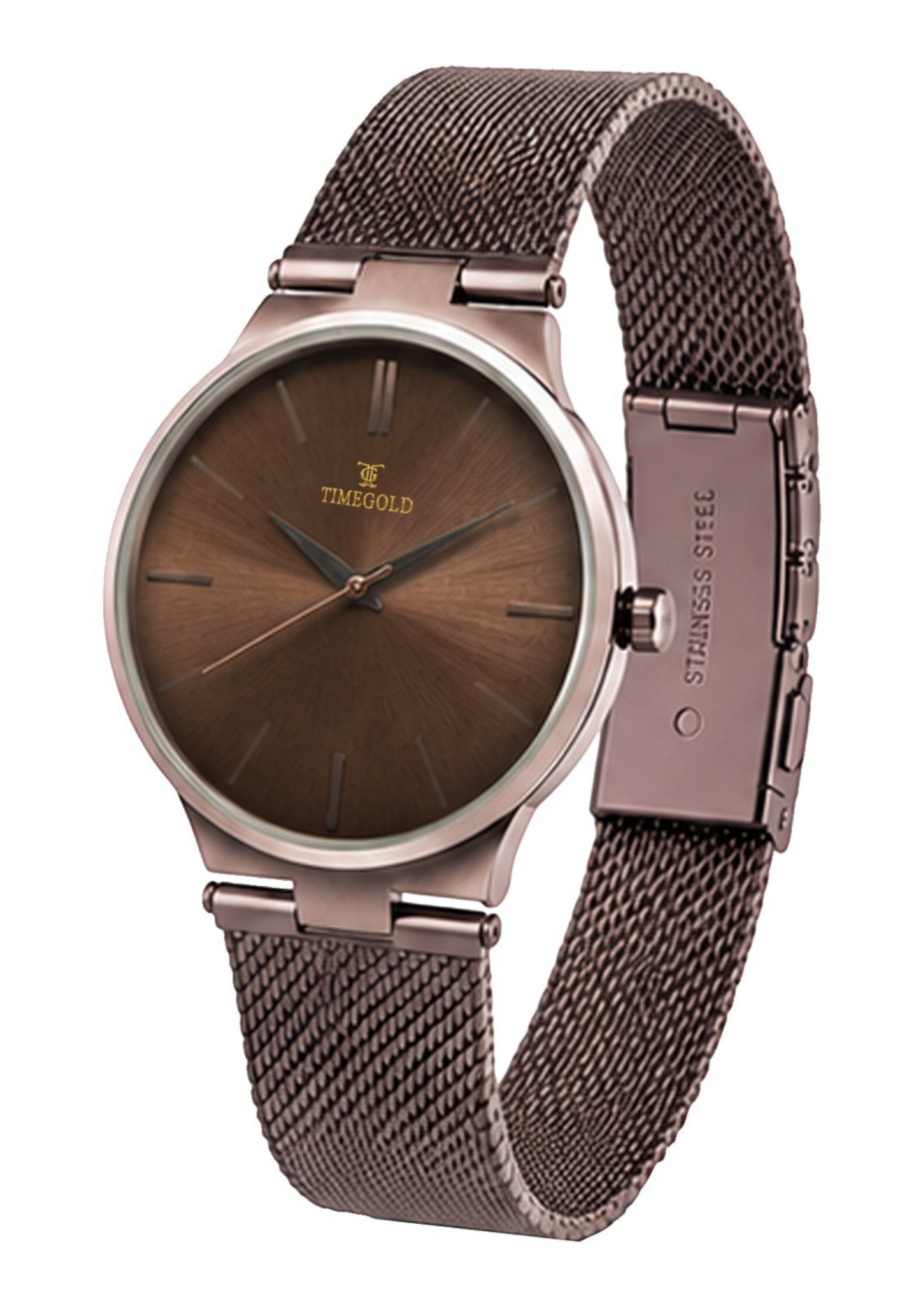 Labdhi Watches & Premium TimeGold TG-21-01 men's watch with a brown sunray dial and matching stainless steel mesh band.