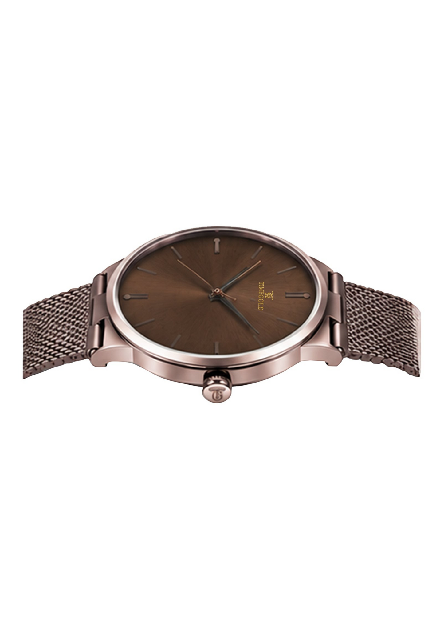 Labdhi Watches & Premium TimeGold TG-21-01 men's watch with a brown sunray dial and rose gold mesh bracelet