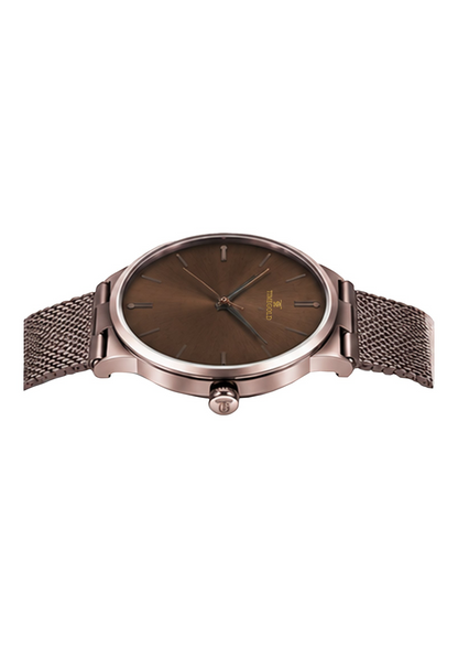 Labdhi Watches & Premium TimeGold TG-21-01 men's watch with a brown sunray dial and rose gold mesh bracelet