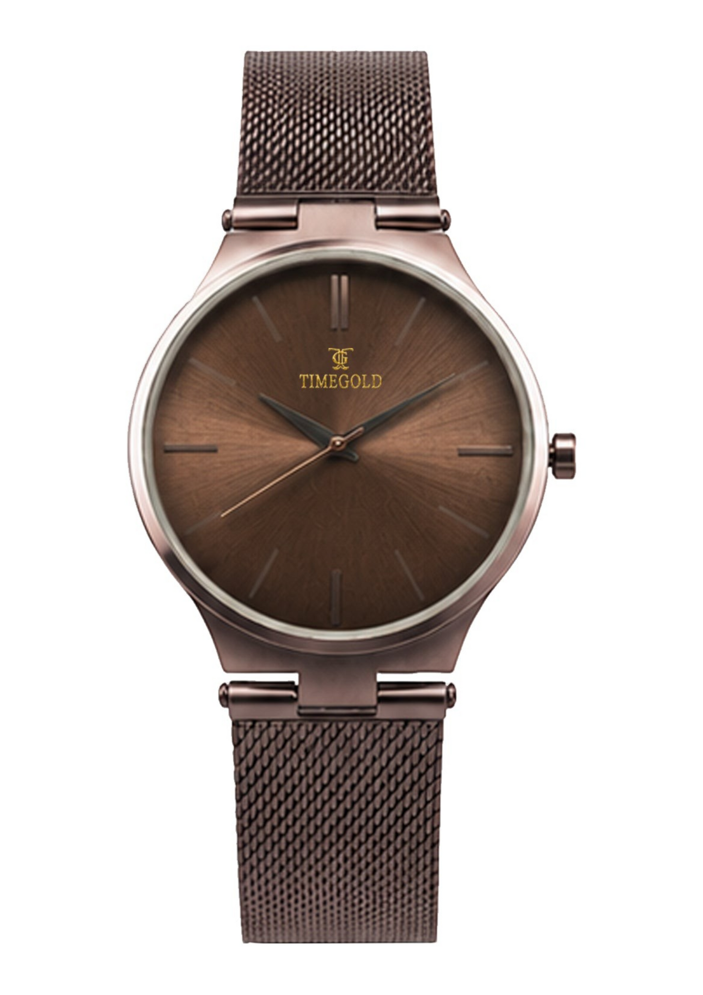 Labdhi Watches & Premium TimeGold TG-21-01 men's watch with a brown sunray dial and matching brown stainless steel mesh strap.