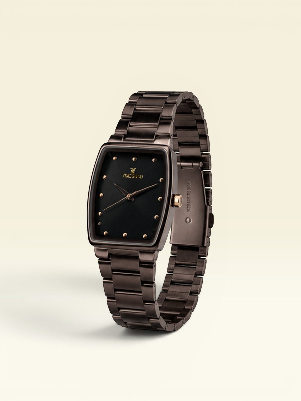 Labdhi Watches & Premium TimeGold TG-16-03 watch with a dark brown curved-square case and stainless-steel bracelet.