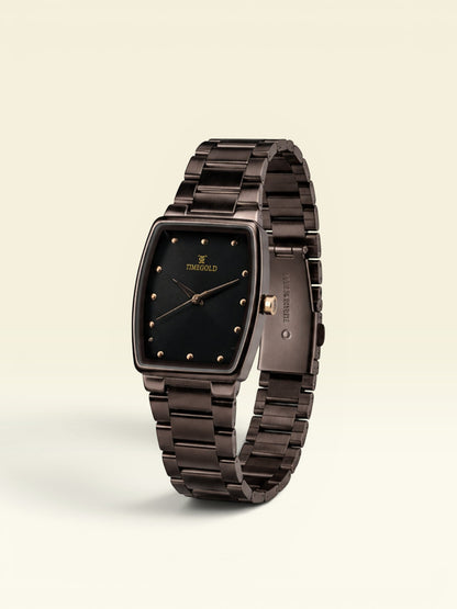 Labdhi Watches & Premium TimeGold TG-16-03 watch with a dark brown curved-square case and stainless-steel bracelet.