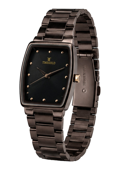 Labdhi Watches & Premium TimeGold TG-16-03 watch with a dark brown curved-square case and stainless-steel bracelet.