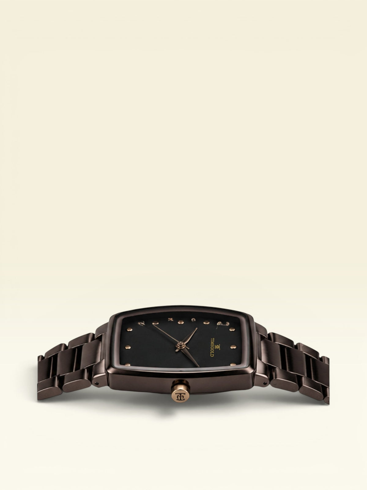 Labdhi Watches & Premium TimeGold TG-16-03 watch with a dark brown curved-square case and stainless-steel bracelet.