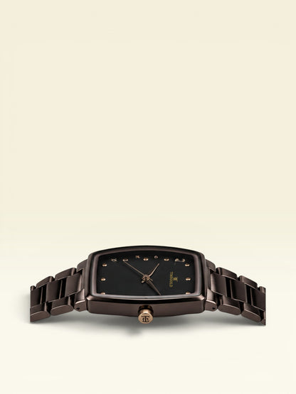Labdhi Watches & Premium TimeGold TG-16-03 watch with a dark brown curved-square case and stainless-steel bracelet.