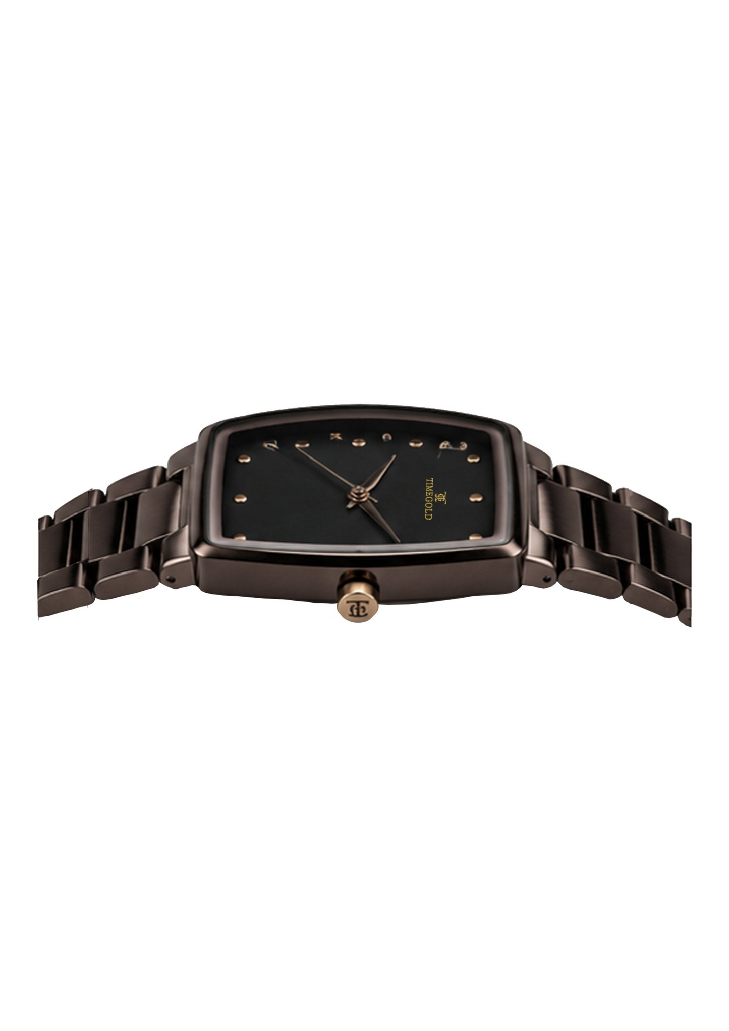 Labdhi Watches & Premium TimeGold TG-16-03 watch with a dark brown curved-square case and stainless-steel bracelet.