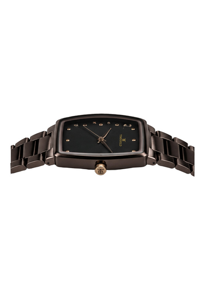 Labdhi Watches & Premium TimeGold TG-16-03 watch with a dark brown curved-square case and stainless-steel bracelet.
