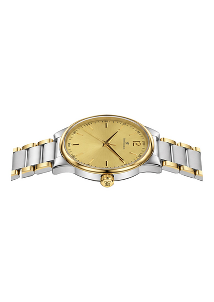 Labdhi Watches & Premium TimeGold TG-18-03 watch with a gold sunburst dial and dual-tone stainless steel bracelet.