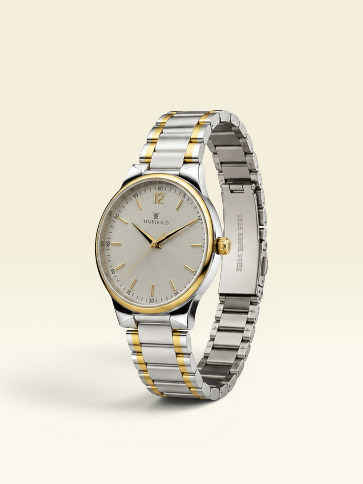 Labdhi Watches & Premium TimeGold TG-18-01 watch featuring a silver sunburst dial and dual-tone stainless steel bracelet.