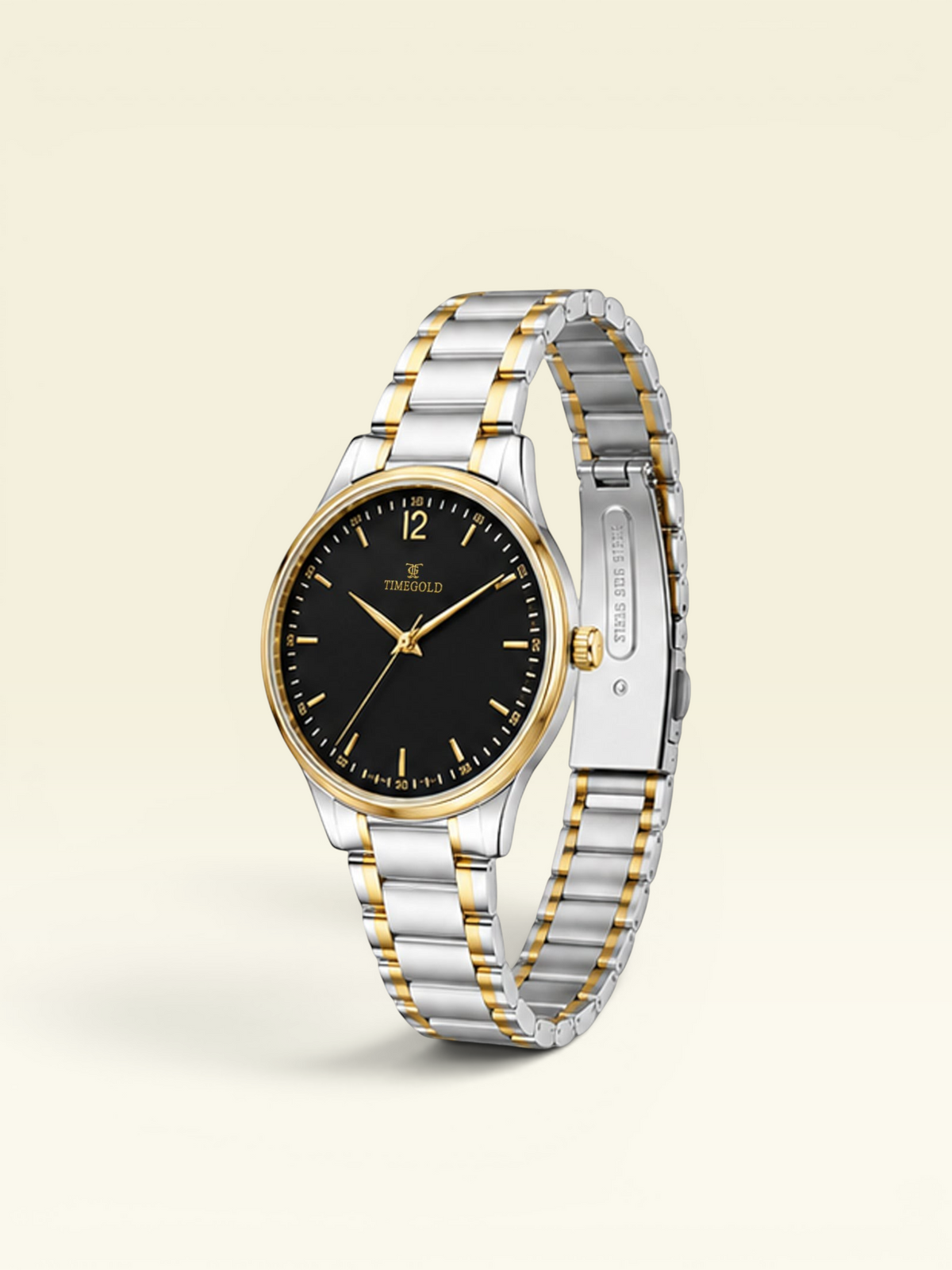 Labdhi Watches & Premium TimeGold TG-18-02 watch with a black sunburst dial and dual-tone stainless steel bracelet.
