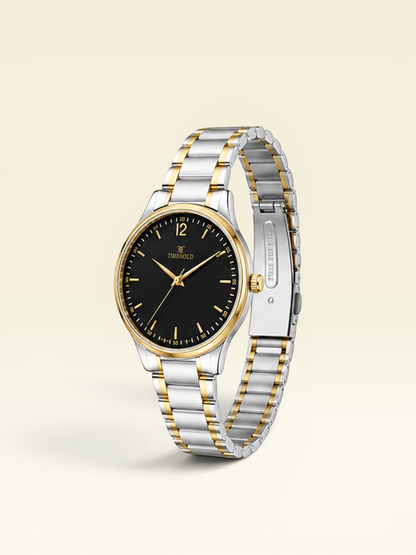 Labdhi Watches & Premium TimeGold TG-18-02 watch with a black sunburst dial and dual-tone stainless steel bracelet.