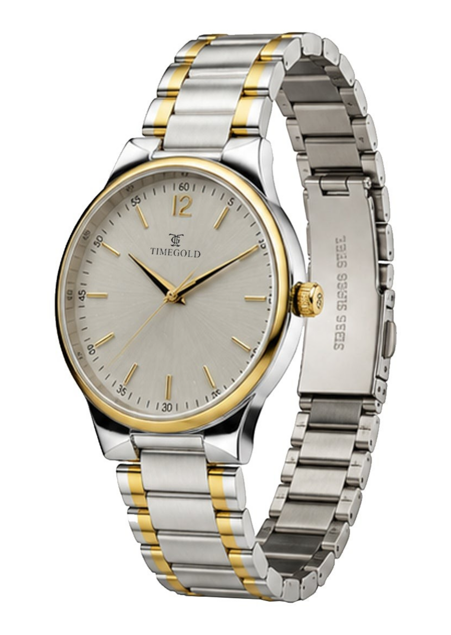 Labdhi Watches & Premium TimeGold TG-18-01 watch with a silver sunburst dial and dual-tone stainless steel bracelet.