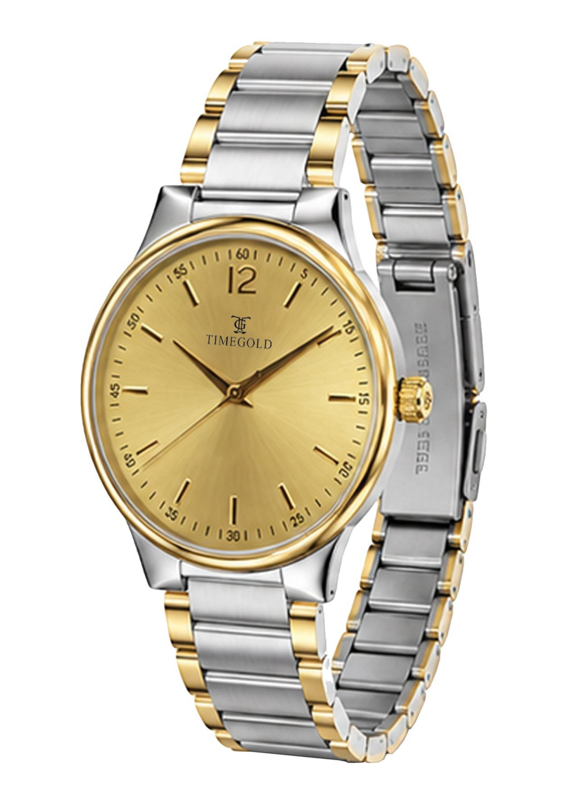 Labdhi Watches & Premium TimeGold TG-18-03 watch with a gold sunburst dial and dual-tone stainless steel bracelet.
