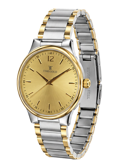 Labdhi Watches & Premium TimeGold TG-18-03 watch with a gold sunburst dial and dual-tone stainless steel bracelet.