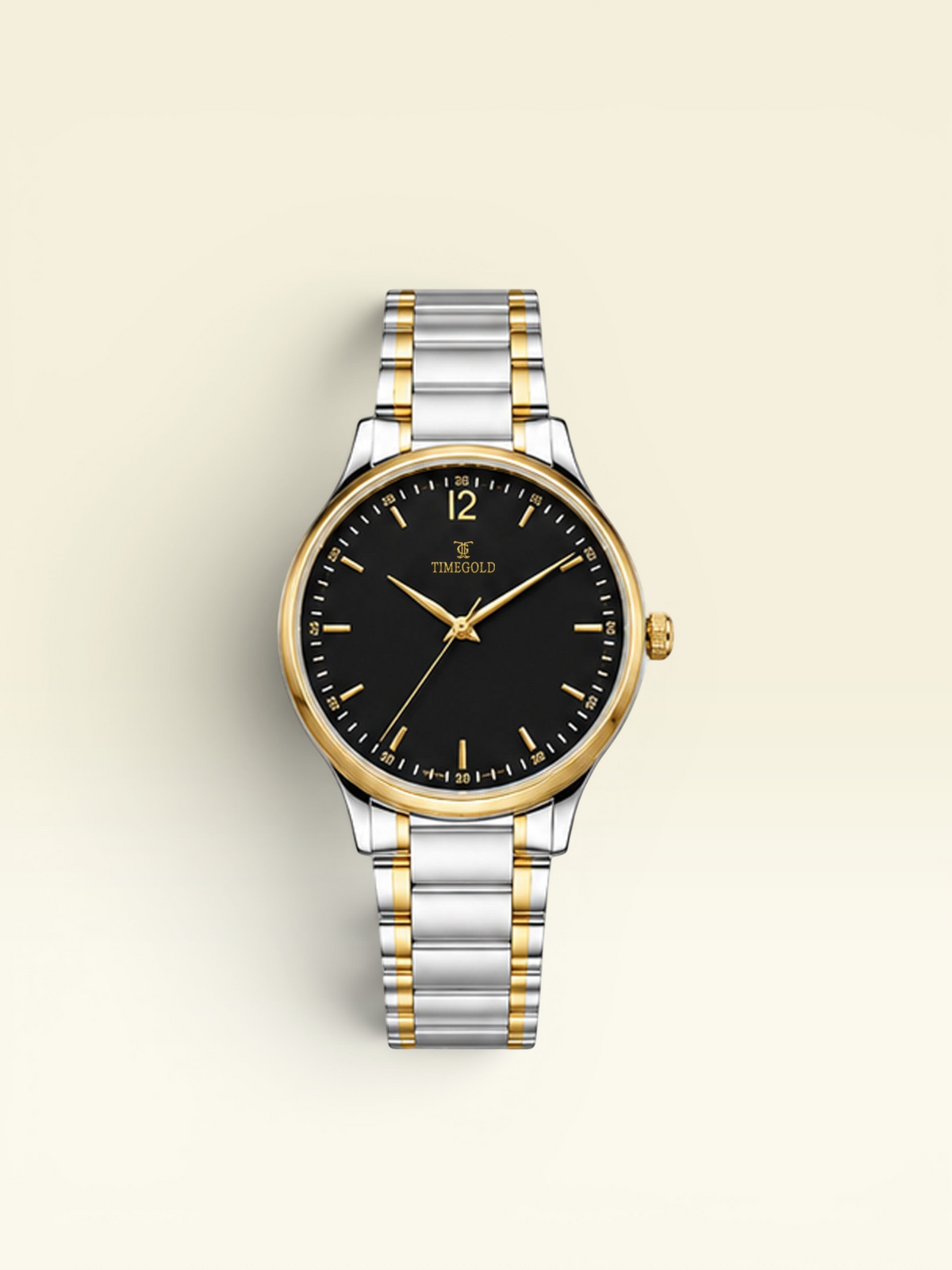 Labdhi Watches & Premium TimeGold TG-18-02 watch with a black sunburst dial and dual-tone stainless steel bracelet.
