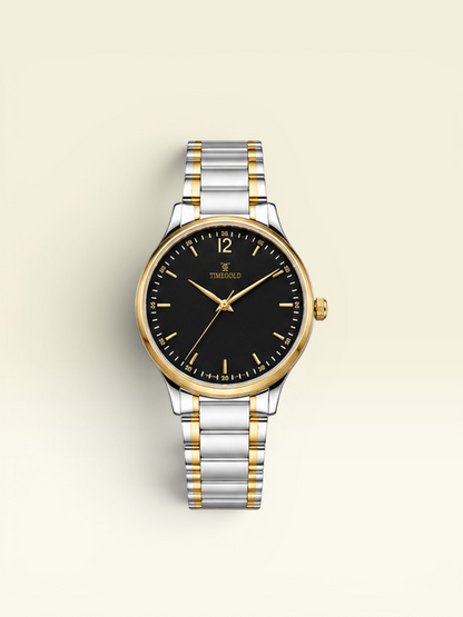 Labdhi Watches & Premium TimeGold TG-18-02 watch with a black sunburst dial and dual-tone stainless steel bracelet.