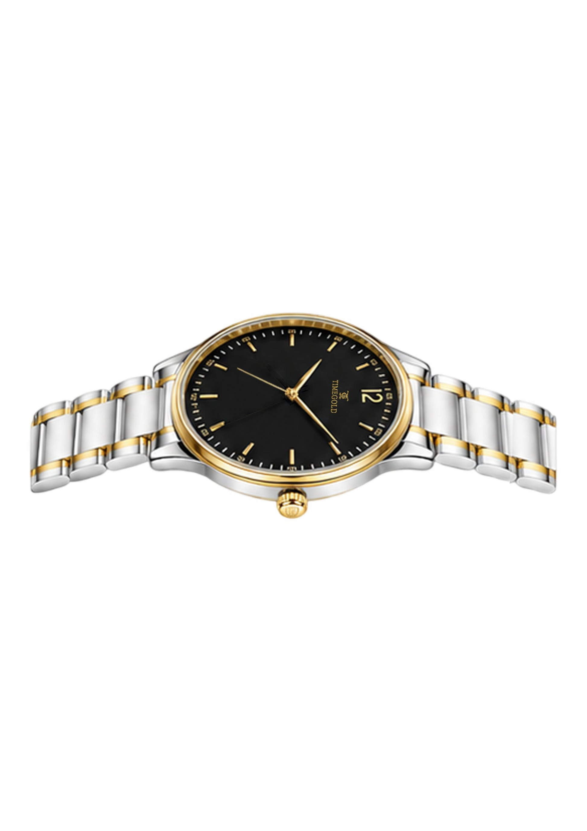 Labdhi Watches & Premium TimeGold TG-18-02 watch with a black sunburst dial and dual-tone stainless steel bracelet.