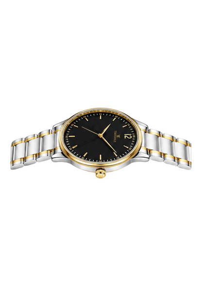 Labdhi Watches & Premium TimeGold TG-18-02 watch with a black sunburst dial and dual-tone stainless steel bracelet.