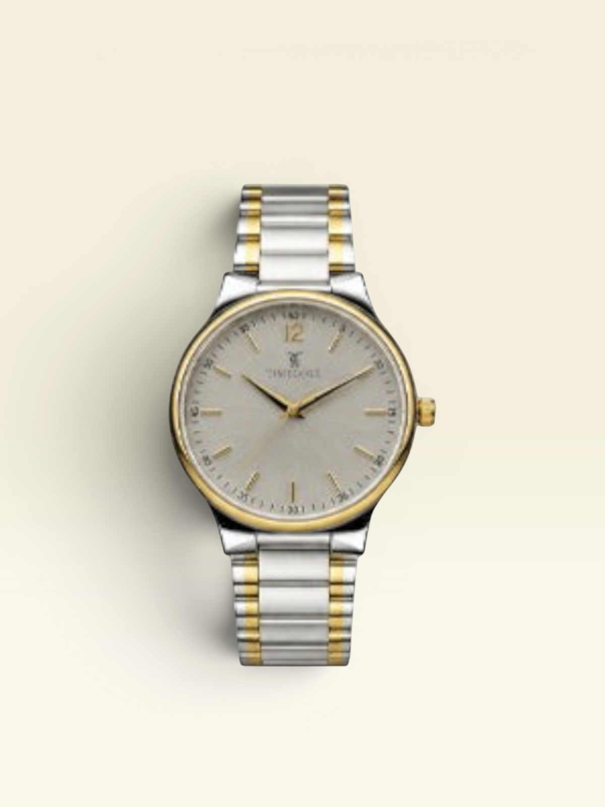 Labdhi Watches & Premium TimeGold TG-18-01 watch with a silver sunburst dial and dual-tone stainless steel bracelet.