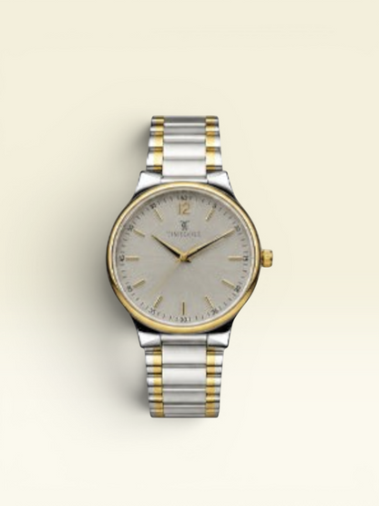 Labdhi Watches & Premium TimeGold TG-18-01 watch with a silver sunburst dial and dual-tone stainless steel bracelet.