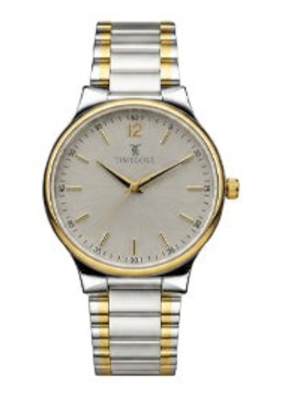 Labdhi Watches & Premium TimeGold TG-18-01 watch with a silver sunburst dial and dual-tone stainless steel bracelet.