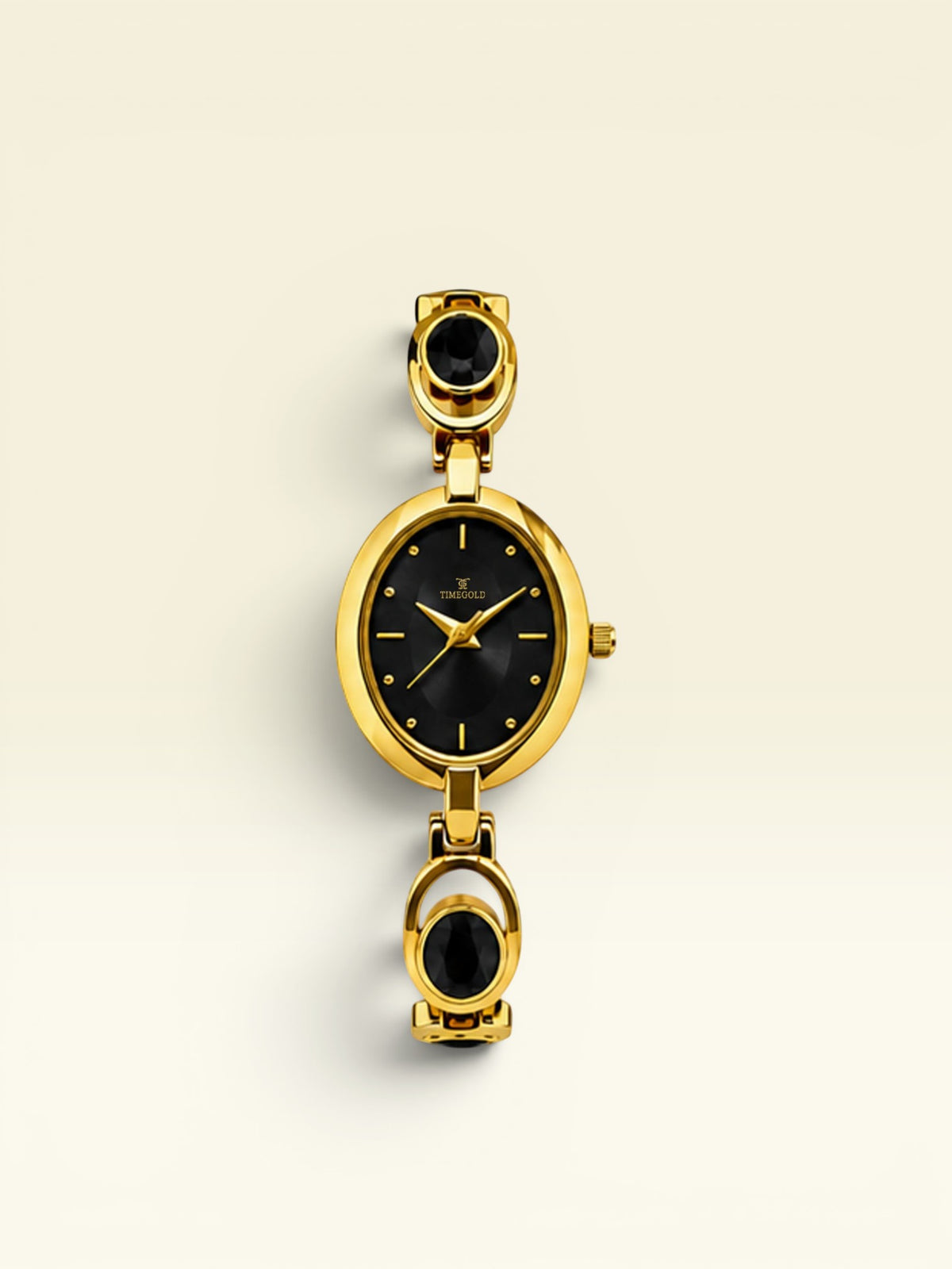 Labdhi Watches & Premium TimeGold women's watch with a black oval dial, gold-tone bracelet, and black stone accents.