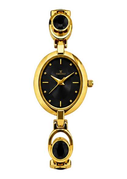 Labdhi Watches & Premium TimeGold women's watch with a black oval dial, gold-tone bracelet, and black stone accents.