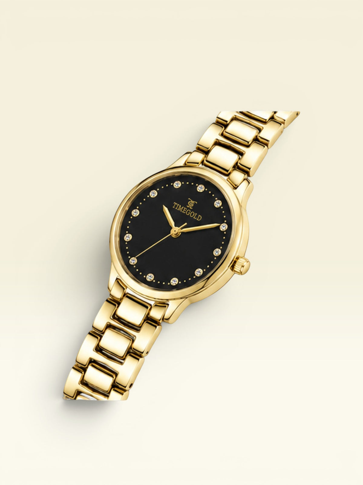 Labdhi Watches & Premium TimeGold Aurelia Grace women's gold-tone watch with black sunray dial and crystal markers.