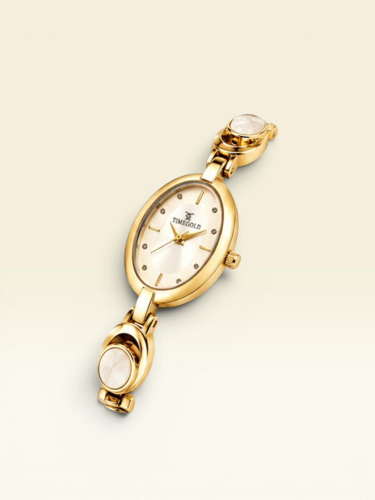Labdhi Watches & Premium TimeGold TG-13-02 gold-tone women's watch with an oval dial and decorative stone bracelet links.