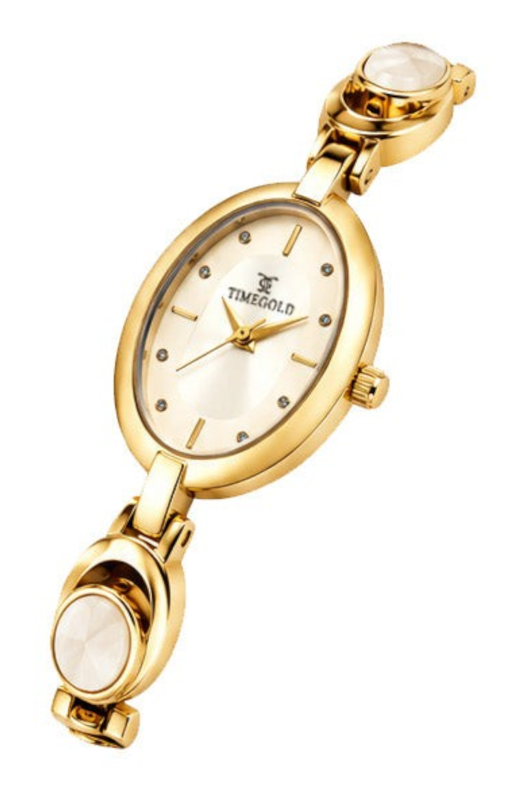 Labdhi Watches & Premium TimeGold TG-13-02 gold-tone women's watch with an oval dial and decorative stone bracelet links.