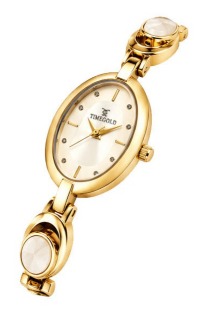 Labdhi Watches & Premium TimeGold TG-13-02 gold-tone women's watch with an oval dial and decorative stone bracelet links.