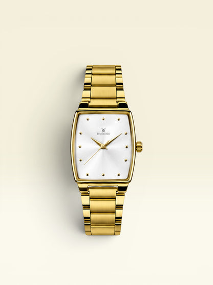 Labdhi Watches & Premium TimeGold TG-27-01 watch with a gold stainless-steel bracelet and curved-square silver dial.