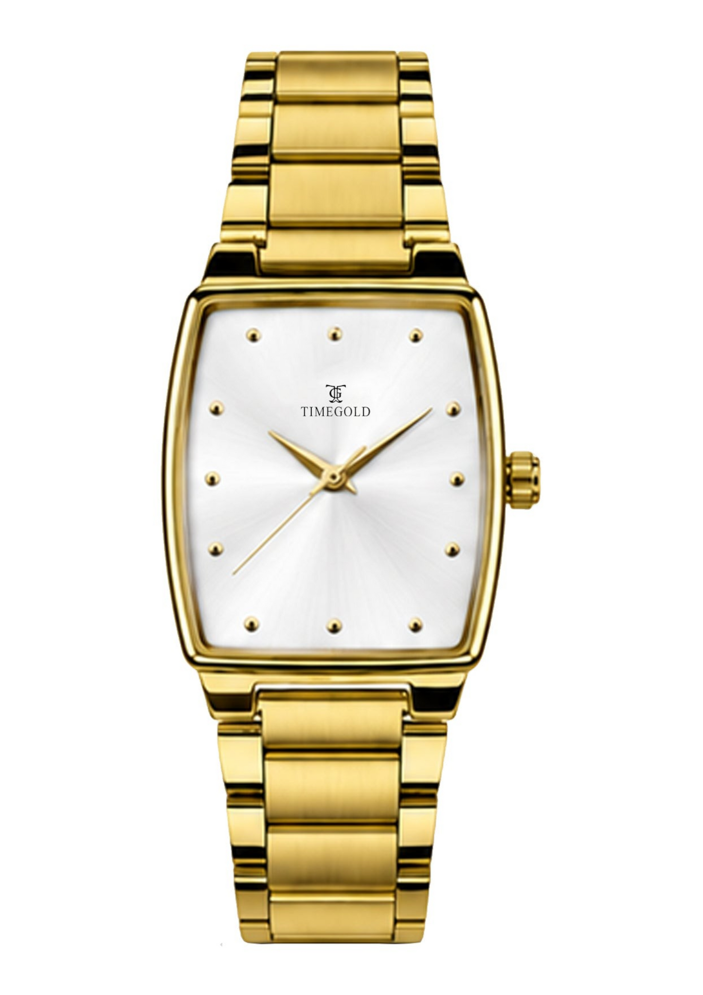 Labdhi Watches & Premium TimeGold TG-27-01 watch with a gold stainless-steel bracelet and curved-square silver dial.