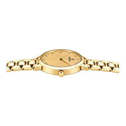 Labdhi Watches & Premium TimeGold Aurelia Grace gold-tone women's watch with a sunray dial and crystal hour markers.