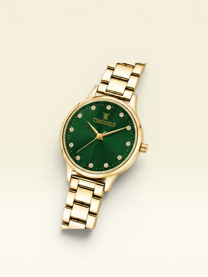 Labdhi Watches & Premium TimeGold Aurelia Grace watch with a gold-tone bracelet and a green sunray dial.