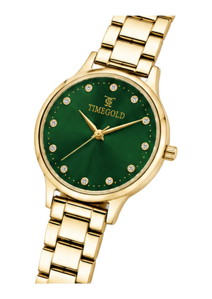 Labdhi Watches & Premium TimeGold Aurelia Grace watch with a gold-tone bracelet and a green sunray dial.